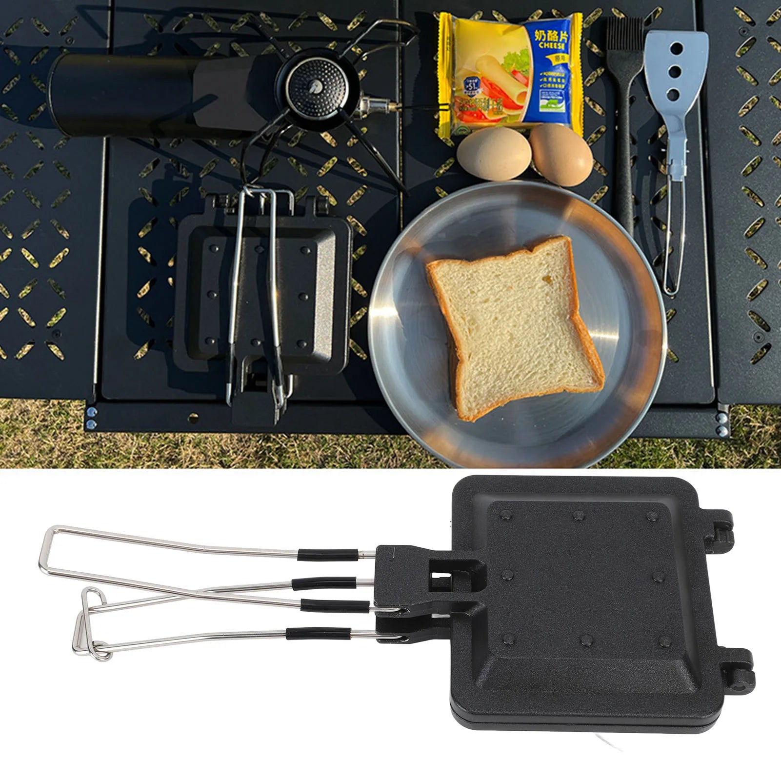 Sandwich Baking Pan Nonstick Coating Compact Rustproof Foldable Handle Sandwich Maker Multifunctional Double Sided for Camping