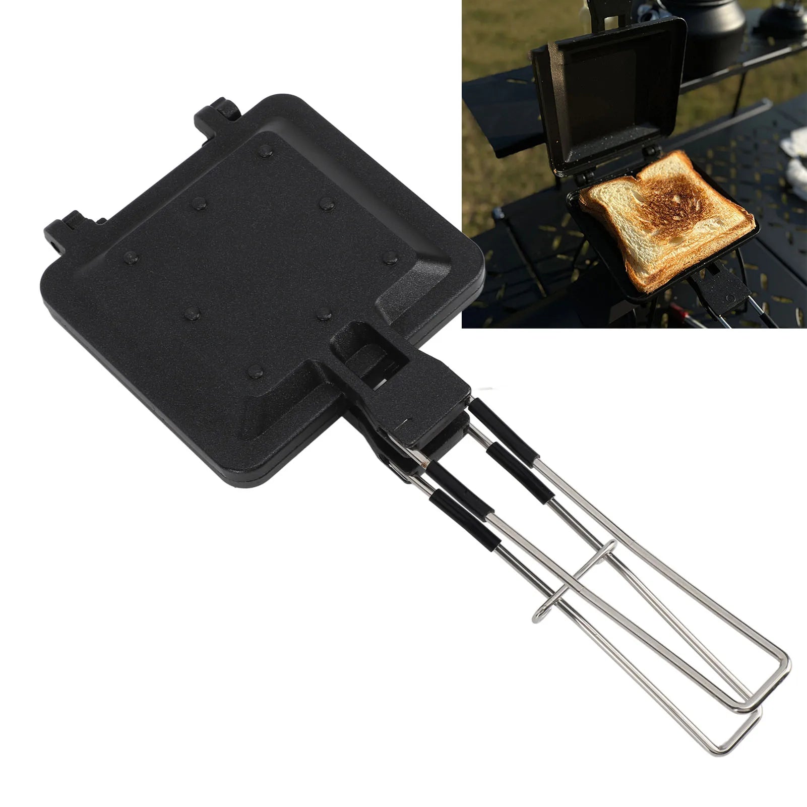 Sandwich Baking Pan Nonstick Coating Compact Rustproof Foldable Handle Sandwich Maker Multifunctional Double Sided for Camping